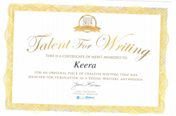 Certificate of merit for published Young Writer