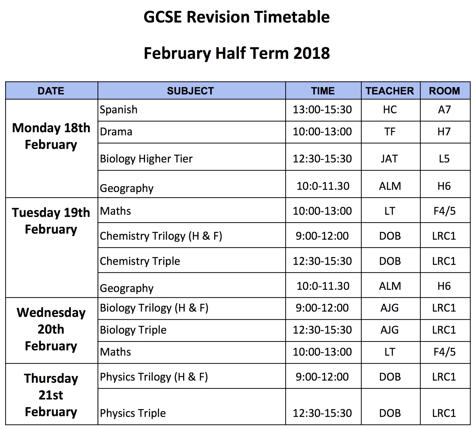 BMS News GCSE Revision Timetable Feb Half Term