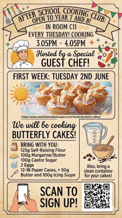 Cooking Club to restart on Tuesday 2nd June in C11 3.05pm – 4.05pm