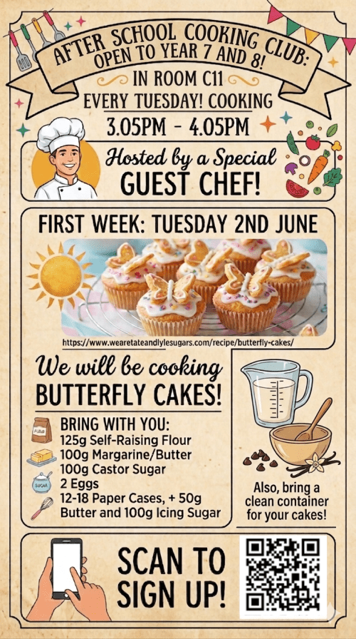 Cooking Club to restart on Tuesday 2nd June in C11 3.05pm – 4.05pm