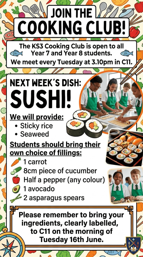 KS3 Cooking club, all welcome for our Sushi session